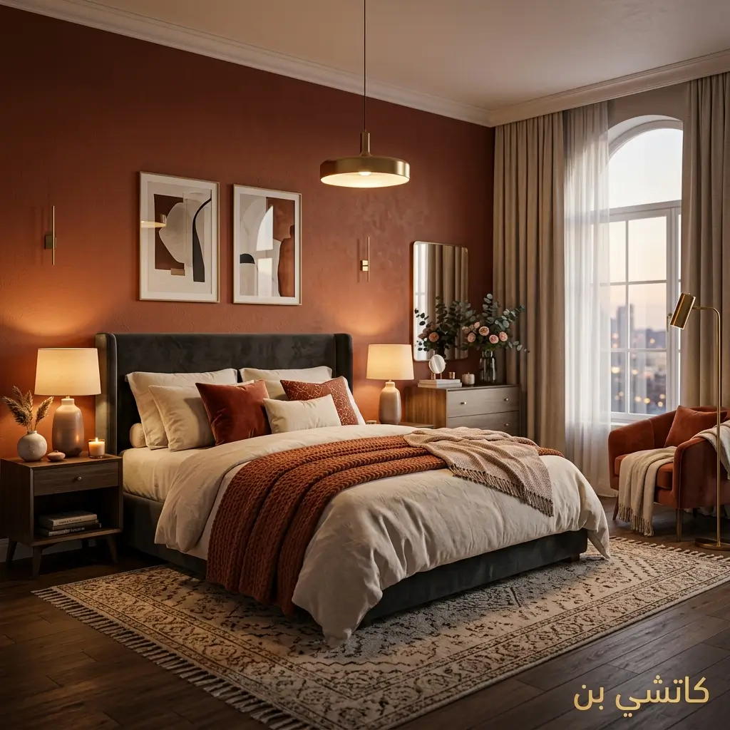 دهانات غرف نوم تراكوتا داكن لغرف زوجية أنيقة ودافئة
