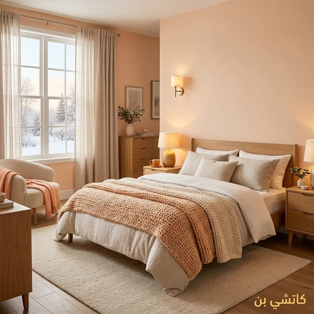 دهانات غرف نوم خوخي فاتح مع إضاءة دافئة ناعمة