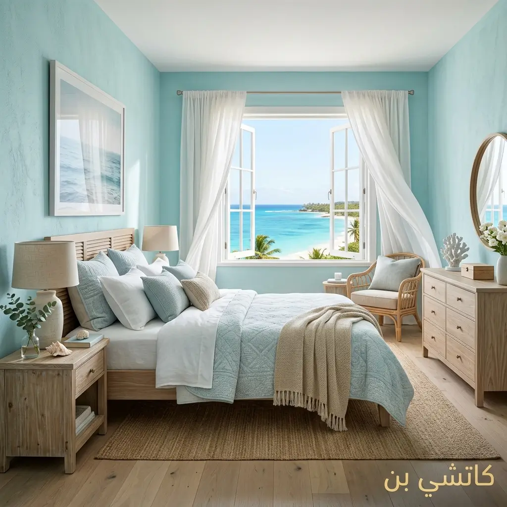 دهانات غرف نوم فيروزي فاتح بطابع بحري صيفي هادئ